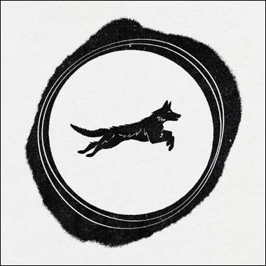 A black and white logo with a dog in the middle

Description automatically generated