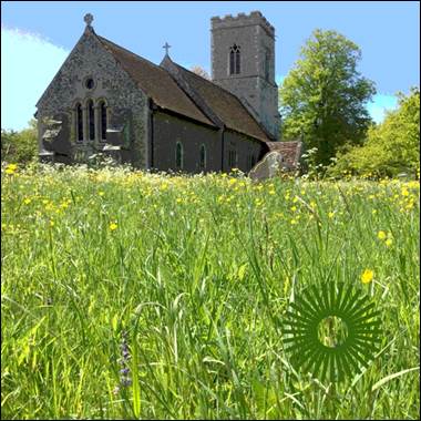 A church in the middle of a field of grass

Description automatically generated