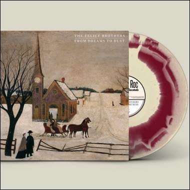 A white and red vinyl record with a painting of a church and horses

Description automatically generated
