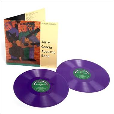 Purple vinyl records next to a cd case

Description automatically generated