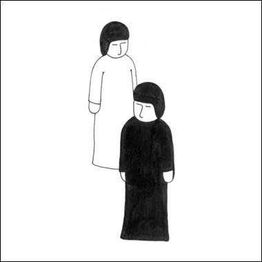 A black and white drawing of two people

Description automatically generated