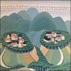 A landscape with houses and trees
Description automatically generated
