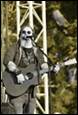 A person with a white mask playing a guitar

Description automatically generated